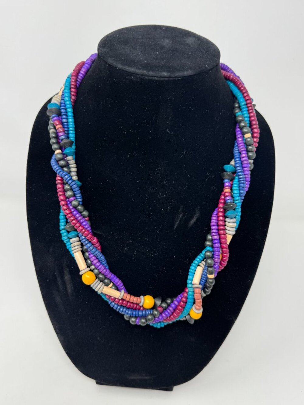 Vintage Colorful Multi Strand Wood Bead Necklace Twisted Boho Statement
